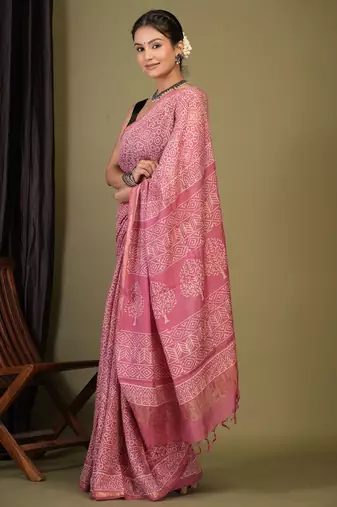 pink zari work, tassle cotton silk blend bhagalpuri ethnic saree with unstitched blouse