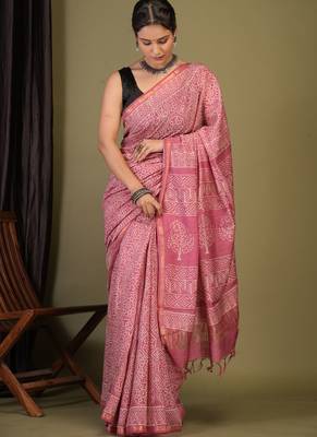 pink zari work, tassle cotton silk blend bhagalpuri ethnic saree with unstitched blouse 4