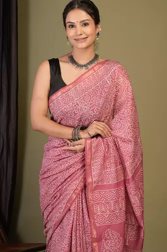 pink zari work, tassle cotton silk blend bhagalpuri ethnic saree with unstitched blouse