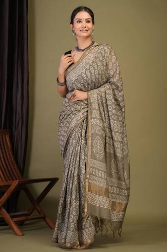 olive green zari work, tassle cotton silk blend bhagalpuri ethnic saree with unstitched blouse