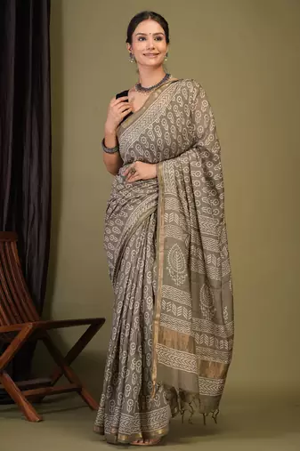 olive green zari work, tassle cotton silk blend bhagalpuri ethnic saree with unstitched blouse