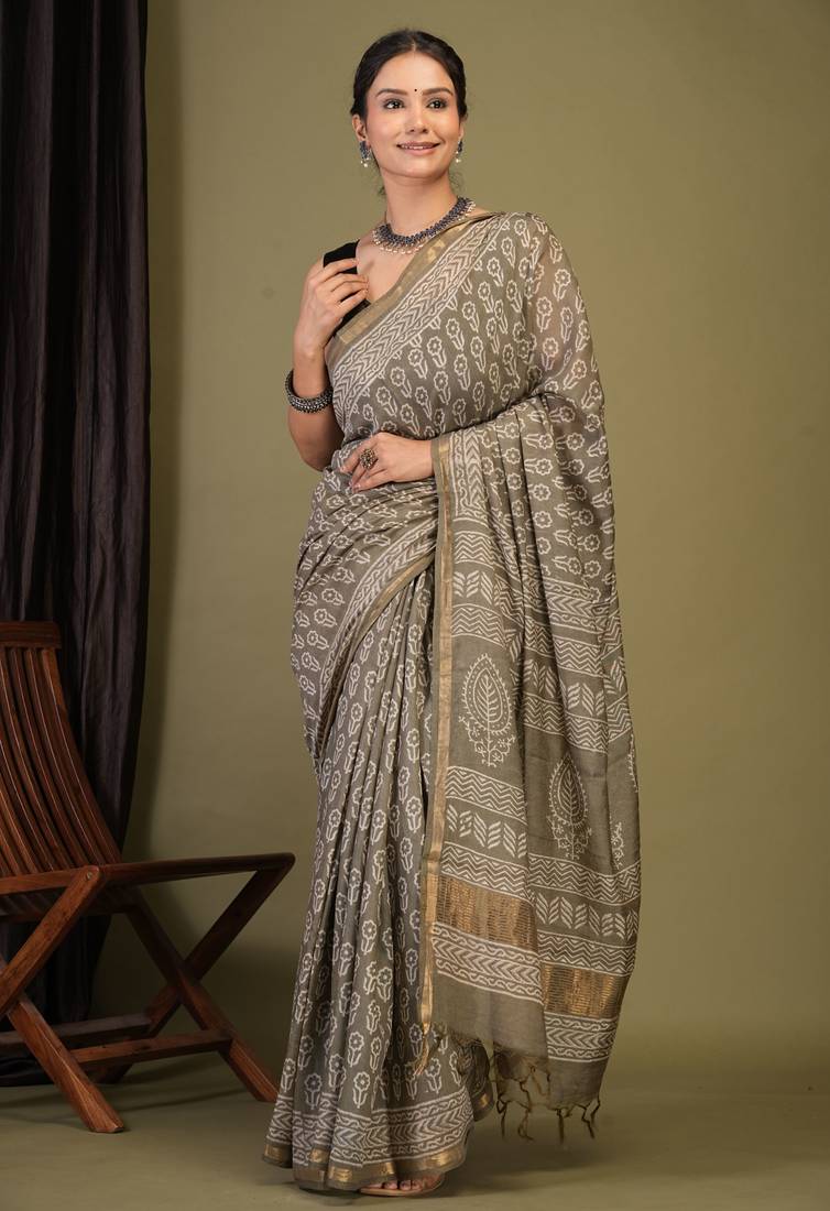 olive green zari work, tassle cotton silk blend bhagalpuri ethnic saree with unstitched blouse
