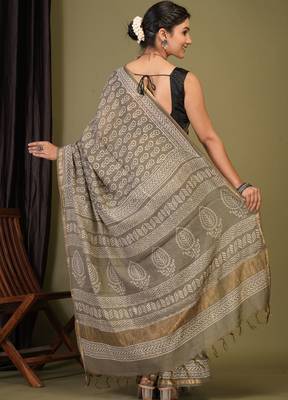 olive green zari work, tassle cotton silk blend bhagalpuri ethnic saree with unstitched blouse 2