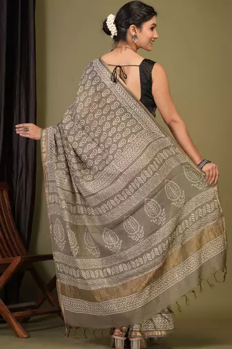 olive green zari work, tassle cotton silk blend bhagalpuri ethnic saree with unstitched blouse
