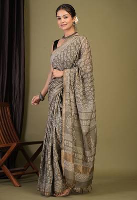 olive green zari work, tassle cotton silk blend bhagalpuri ethnic saree with unstitched blouse 3