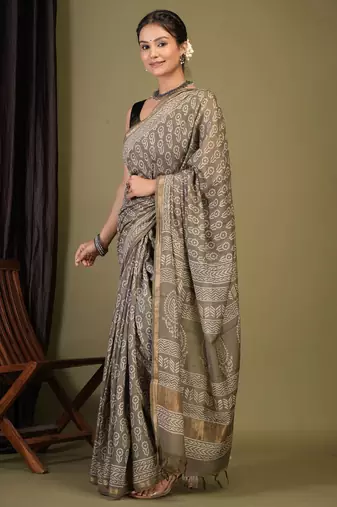 olive green zari work, tassle cotton silk blend bhagalpuri ethnic saree with unstitched blouse