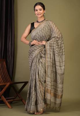 olive green zari work, tassle cotton silk blend bhagalpuri ethnic saree with unstitched blouse 4