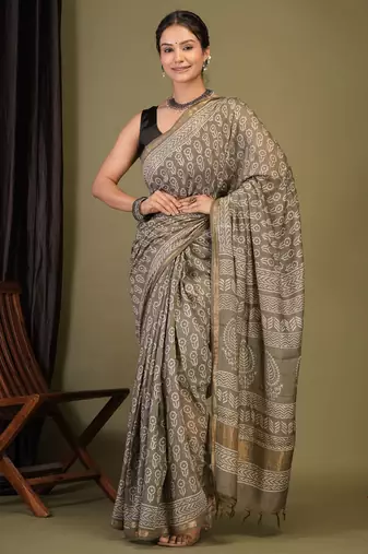 olive green zari work, tassle cotton silk blend bhagalpuri ethnic saree with unstitched blouse
