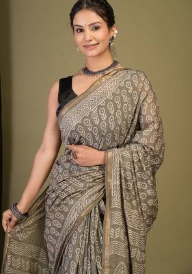 olive green zari work, tassle cotton silk blend bhagalpuri ethnic saree with unstitched blouse 5