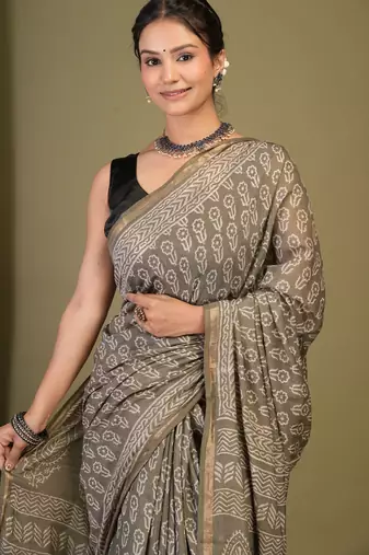 olive green zari work, tassle cotton silk blend bhagalpuri ethnic saree with unstitched blouse