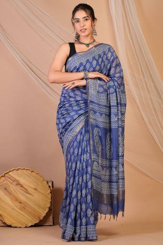 blue zari work, tassle cotton silk blend bhagalpuri ethnic saree with unstitched blouse
