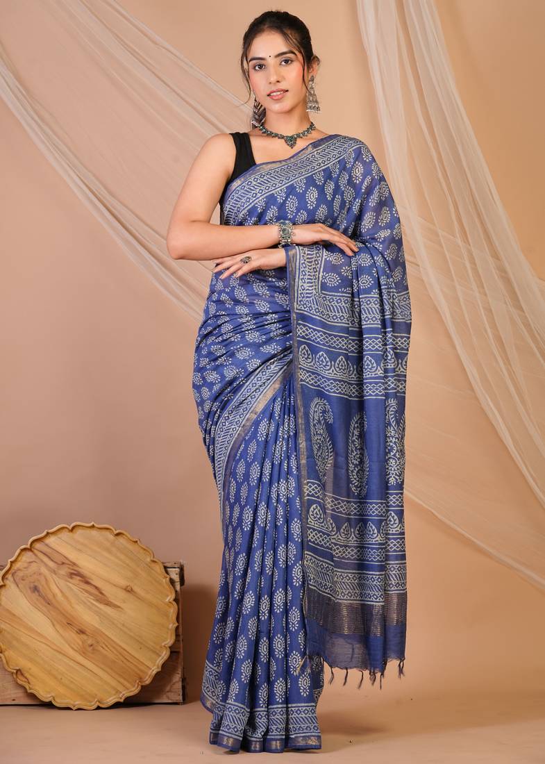 blue zari work, tassle cotton silk blend bhagalpuri ethnic saree with unstitched blouse