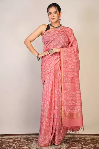 pink zari work, tassle cotton silk blend bhagalpuri ethnic saree with unstitched blouse