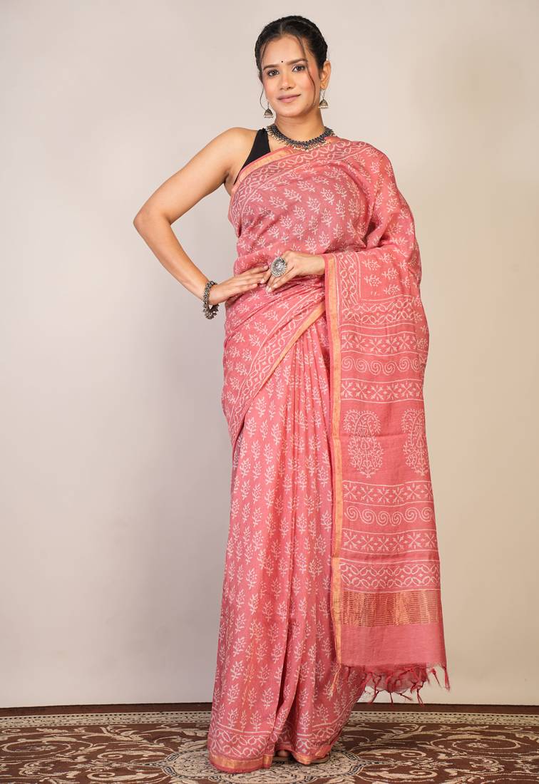 pink zari work, tassle cotton silk blend bhagalpuri ethnic saree with unstitched blouse