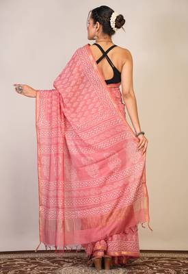 pink zari work, tassle cotton silk blend bhagalpuri ethnic saree with unstitched blouse 2