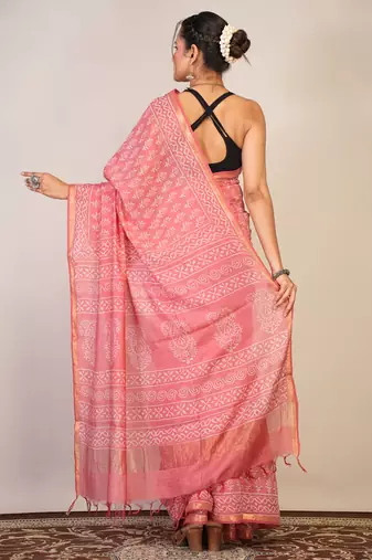 pink zari work, tassle cotton silk blend bhagalpuri ethnic saree with unstitched blouse