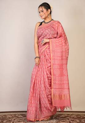 pink zari work, tassle cotton silk blend bhagalpuri ethnic saree with unstitched blouse 3