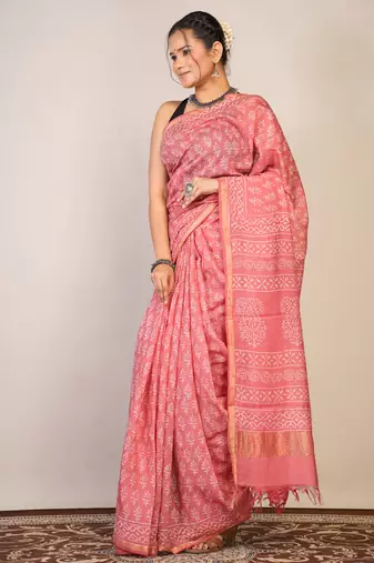 pink zari work, tassle cotton silk blend bhagalpuri ethnic saree with unstitched blouse