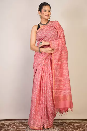 pink zari work, tassle cotton silk blend bhagalpuri ethnic saree with unstitched blouse