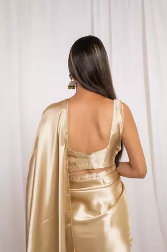 golden cutdana border satin embroidered saree with stitched blouse