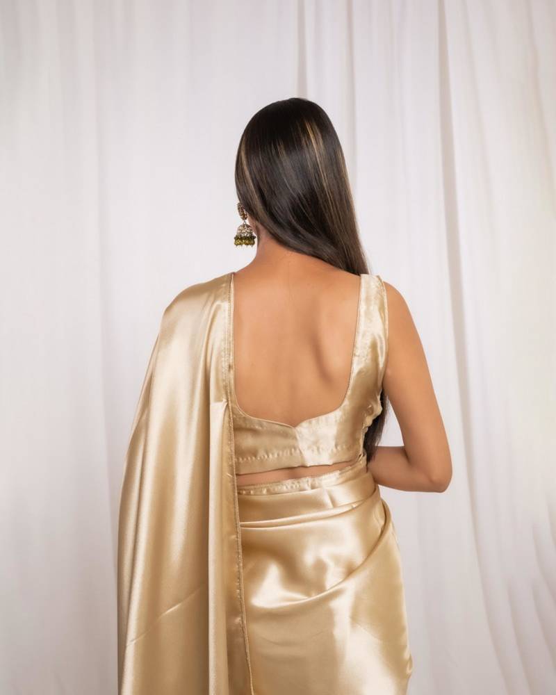 Golden cutdana border satin embroidered saree with stitched blouse