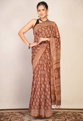 brown zari work, tassle cotton silk blend bhagalpuri ethnic saree with unstitched blouse 1