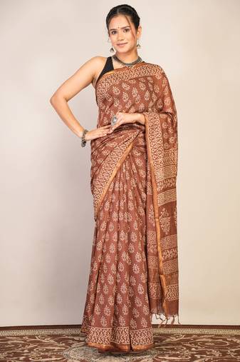 brown zari work, tassle cotton silk blend bhagalpuri ethnic saree with unstitched blouse