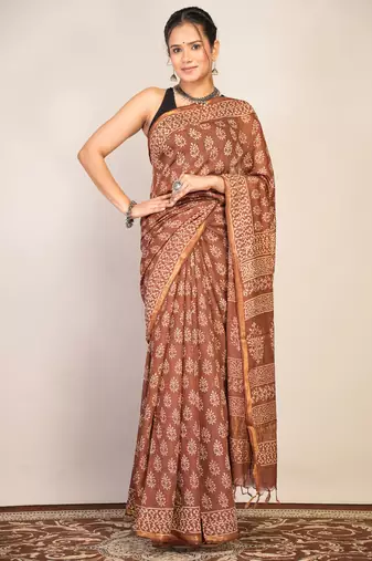 brown zari work, tassle cotton silk blend bhagalpuri ethnic saree with unstitched blouse