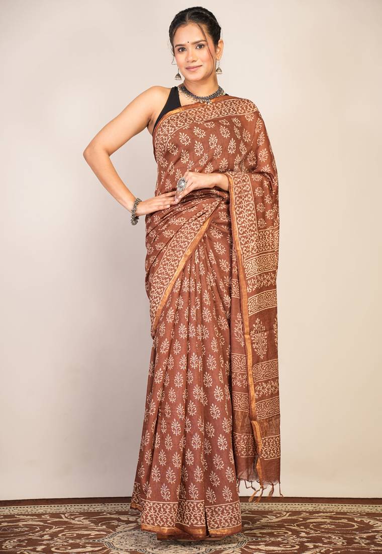 brown zari work, tassle cotton silk blend bhagalpuri ethnic saree with unstitched blouse