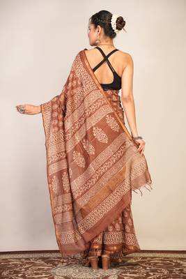 brown zari work, tassle cotton silk blend bhagalpuri ethnic saree with unstitched blouse 2