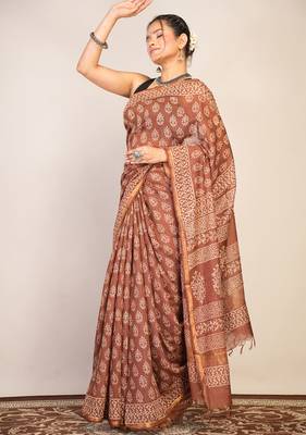 brown zari work, tassle cotton silk blend bhagalpuri ethnic saree with unstitched blouse 3