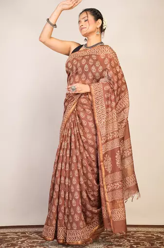 brown zari work, tassle cotton silk blend bhagalpuri ethnic saree with unstitched blouse