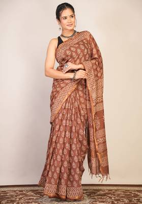 brown zari work, tassle cotton silk blend bhagalpuri ethnic saree with unstitched blouse 4