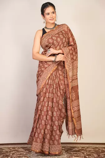 brown zari work, tassle cotton silk blend bhagalpuri ethnic saree with unstitched blouse