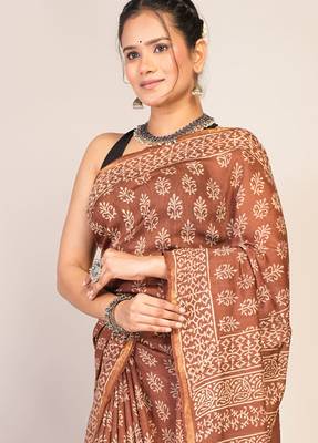 brown zari work, tassle cotton silk blend bhagalpuri ethnic saree with unstitched blouse 5