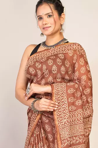 brown zari work, tassle cotton silk blend bhagalpuri ethnic saree with unstitched blouse