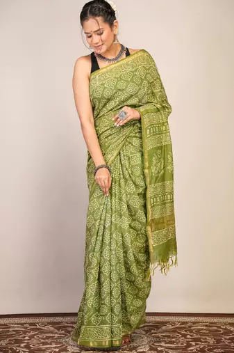 green zari work, tassle cotton silk blend bhagalpuri ethnic saree with unstitched blouse