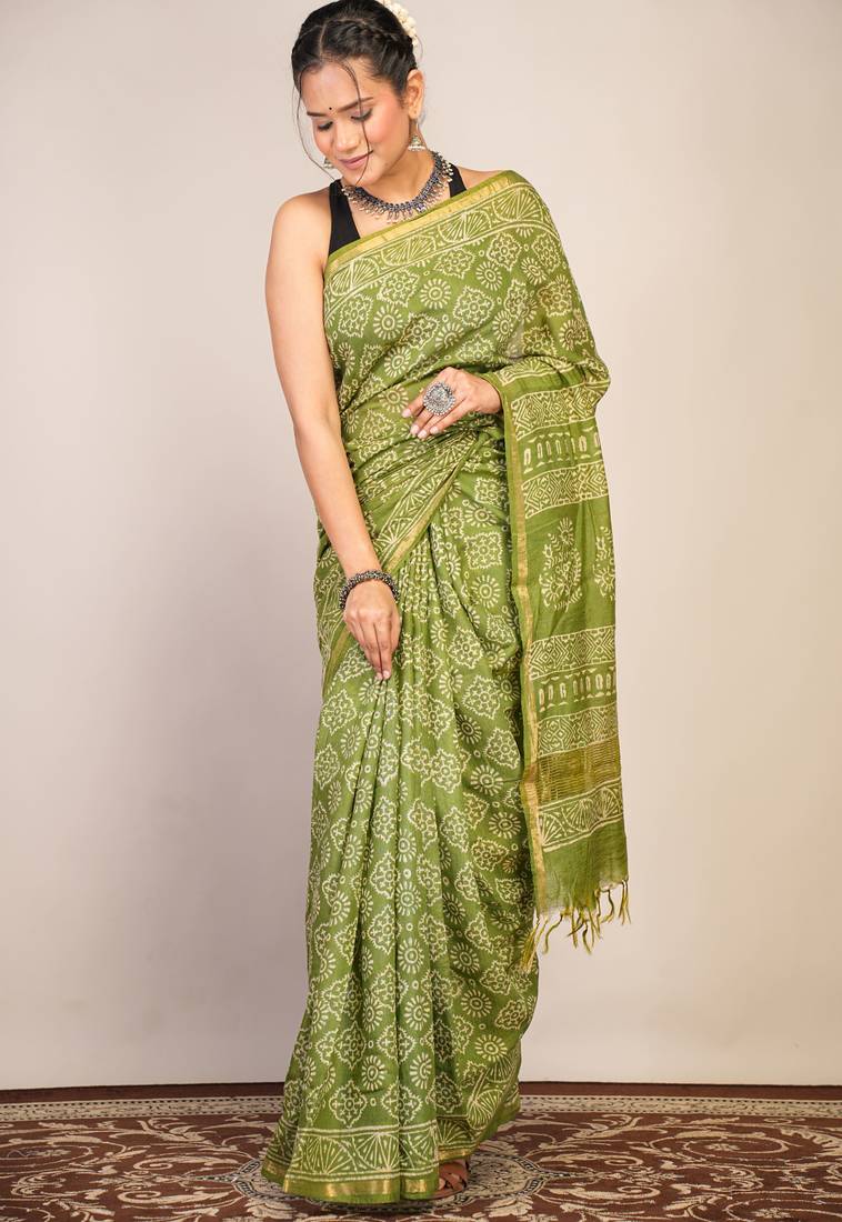 green zari work, tassle cotton silk blend bhagalpuri ethnic saree with unstitched blouse