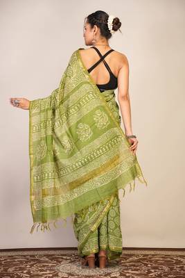 green zari work, tassle cotton silk blend bhagalpuri ethnic saree with unstitched blouse 2