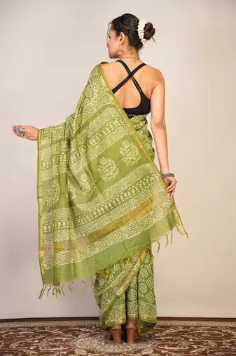 green zari work, tassle cotton silk blend bhagalpuri ethnic saree with unstitched blouse