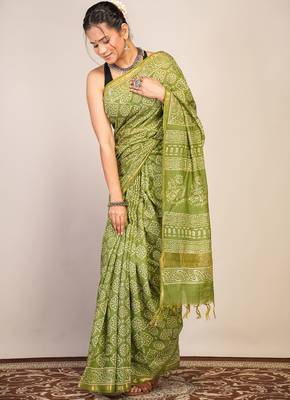 green zari work, tassle cotton silk blend bhagalpuri ethnic saree with unstitched blouse 3