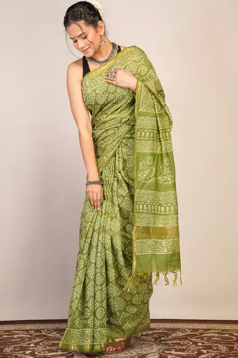 green zari work, tassle cotton silk blend bhagalpuri ethnic saree with unstitched blouse