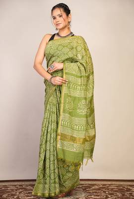green zari work, tassle cotton silk blend bhagalpuri ethnic saree with unstitched blouse 4