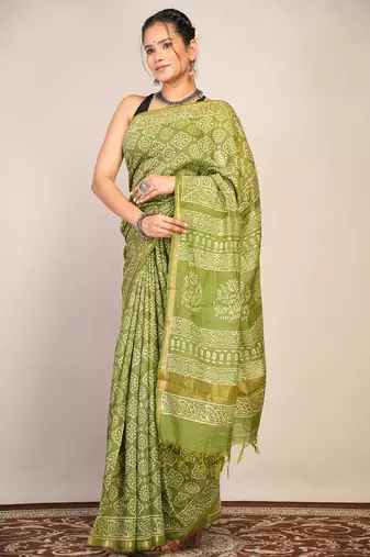 green zari work, tassle cotton silk blend bhagalpuri ethnic saree with unstitched blouse