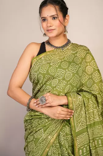 green zari work, tassle cotton silk blend bhagalpuri ethnic saree with unstitched blouse