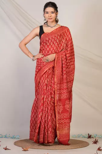 red zari work, tassle cotton silk blend bhagalpuri ethnic saree with unstitched blouse