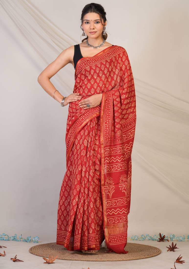 red zari work, tassle cotton silk blend bhagalpuri ethnic saree with unstitched blouse