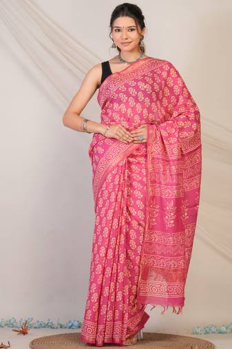 baby pink zari work, tassle cotton silk blend bhagalpuri ethnic saree with unstitched blouse