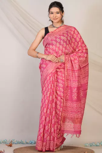 baby pink zari work, tassle cotton silk blend bhagalpuri ethnic saree with unstitched blouse