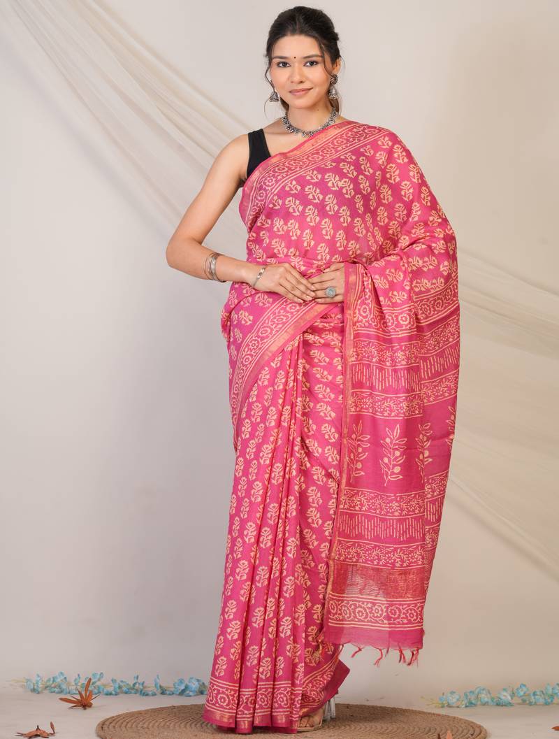 baby pink zari work, tassle cotton silk blend bhagalpuri ethnic saree with unstitched blouse
